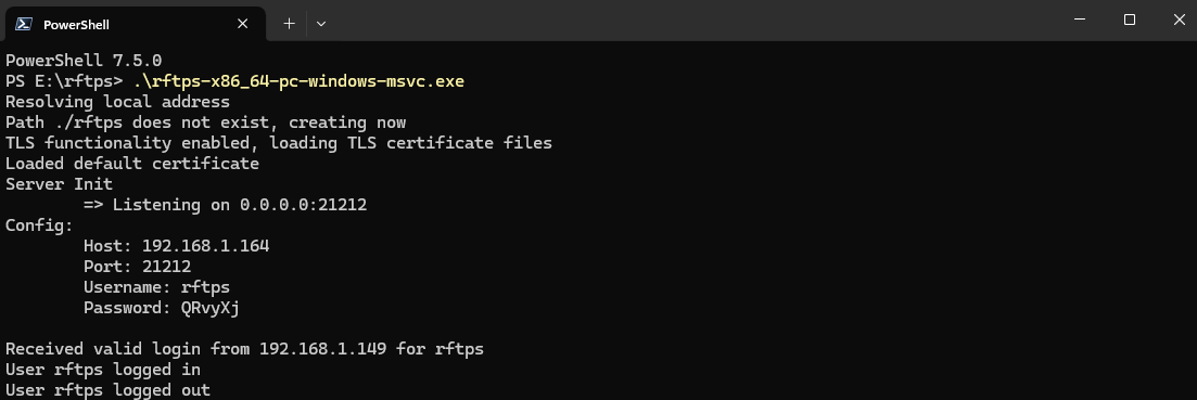 RFTPS running in a Powershell window